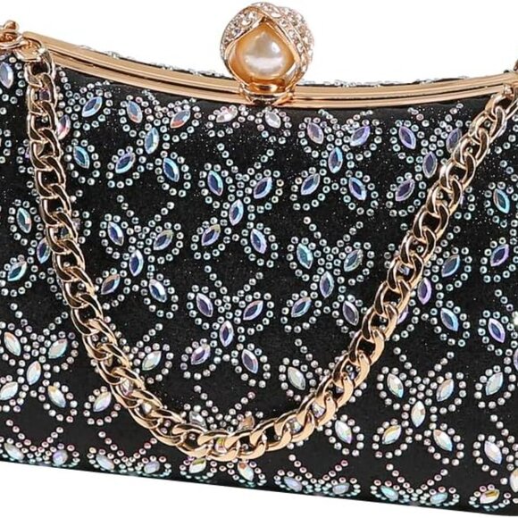 Accessories - Versatile Black Rhinestone Clutch with Removable Chain - Perfect for Parties